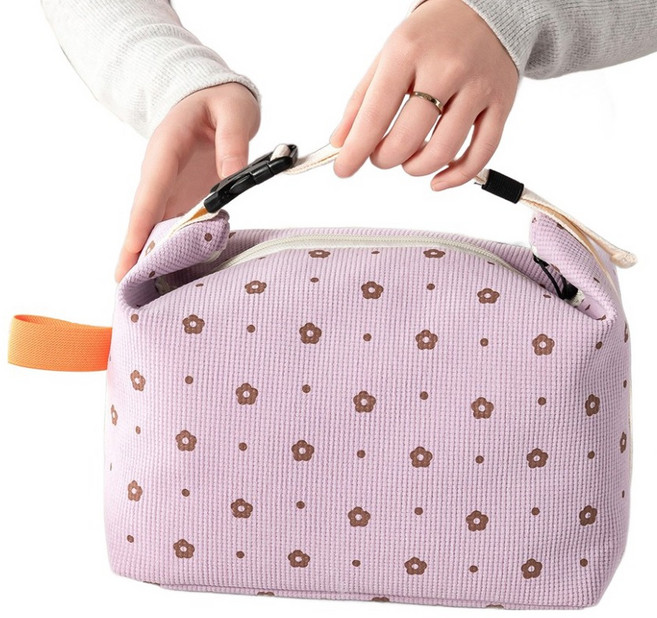 해피굿즈 코듀로이 대용량 도시락 보온 보냉 가방, 퍼플 플라워, 1개