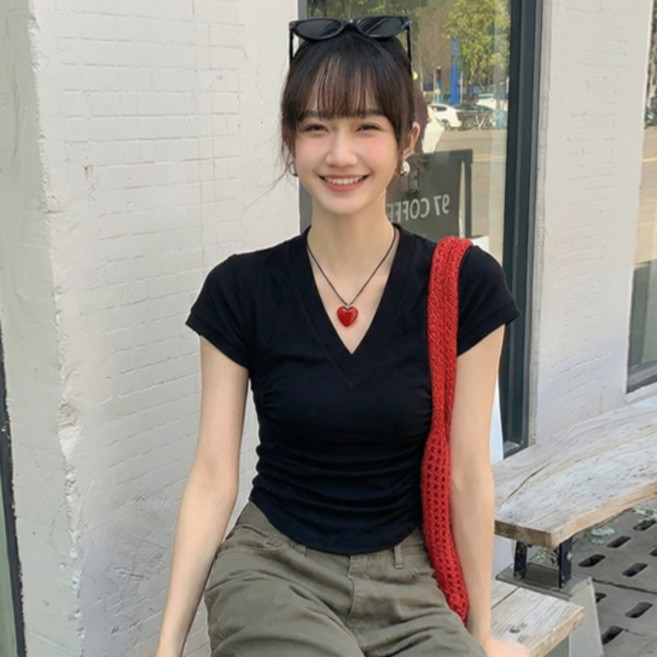 어썸풀 여성용 라아바다 셔링 브이넥 티셔츠 A26SMT031802