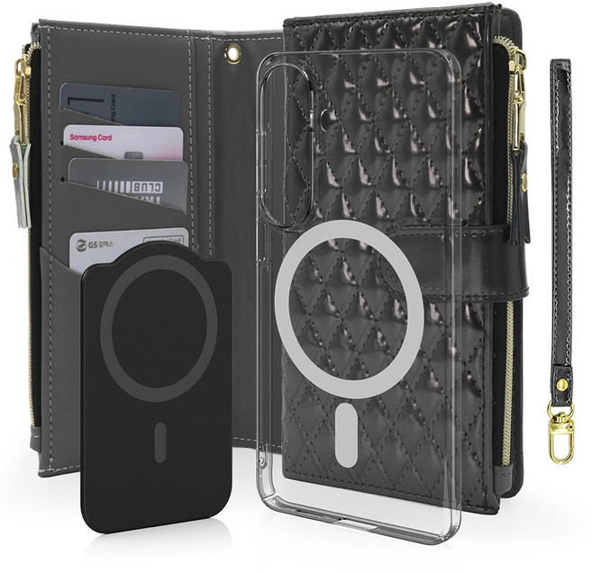 엑씨 타슈에 스트랩 카드수납 지갑 가죽 다이어리 + 맥세이프 호환 휴대폰 케이스 세트