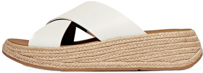 fitflop 女款 F-Mode 草編皮革厚底交叉拖鞋涼鞋, 白色, 240