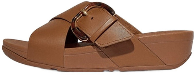 fitflop 女款 LULU 樹脂扣環皮革交叉拖鞋, 棕褐色, 240
