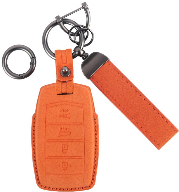 지엠지모터스 제네시스전용 알칸타라 가죽 4버튼 스마트 차키 케이스 + 키링 세트, 오렌지, GS01