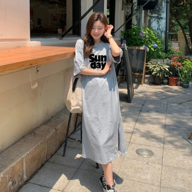 DMELD 夏季大尺碼寬鬆版T恤英文字母短袖連身裙