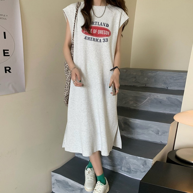 DMELD 女款無袖印花長版寬鬆短袖連身裙