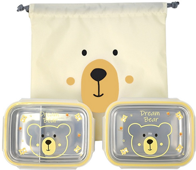 키친유 베어 스텐 2단 도시락 가방세트, 혼합색상, 1세트