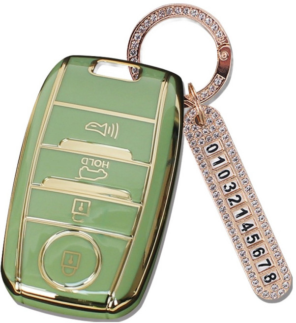 지엠지모터스 TPU 스마트키 케이스 + 전화번호 키링 세트, 올리브그린, 기아 AK-02 4버튼