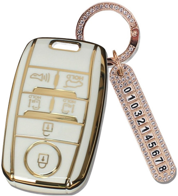 지엠지모터스 TPU 스마트키 케이스 + 전화번호 키링 세트, 크림화이트, 기아 AK-03 6버튼