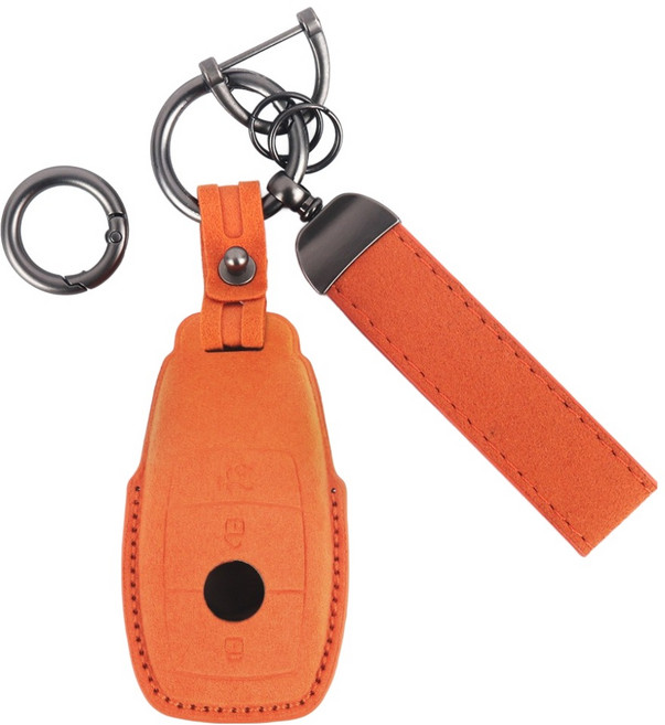 지엠지모터스 차량용 벤츠전용 3버튼 알칸타라 가죽 스마트키 커버 + 키링 세트, 오렌지, BZ02