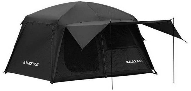 BLACK DOG 黑狗 山庭6.8黑膠帳篷/速開小屋帳篷 3面開門遮陽門庭, 黑色, 4人