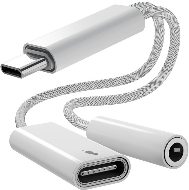 누아트 PD 60W 고속 동시 충전 2in1 스테레오 오디오 변환 C타입 to 3.5mm AUX 이어폰 듀얼 젠더, 화이트, 1개
