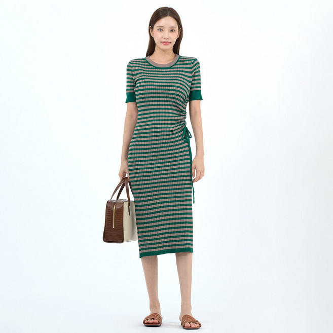 엘쏘 여성용 스트라이프 셔링 골지 니트 미디 원피스