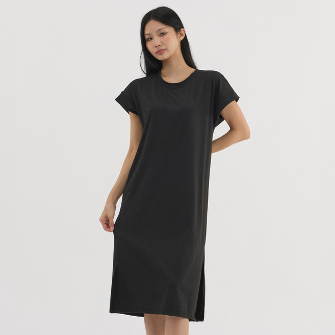 Elsso 女款短袖中長版連身裙, 素色大尺碼黑色
