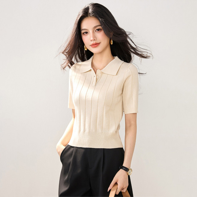 루나걸 여성용 레라러카 세로 골지 버튼 카라 니트 L26SMKN032013