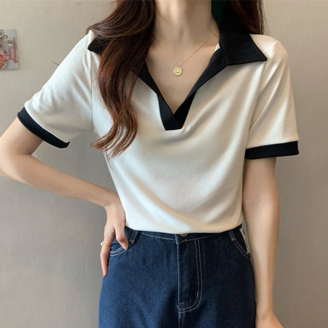 라라티나 여성용 스루아 배색 오픈 카라 반팔 티셔츠