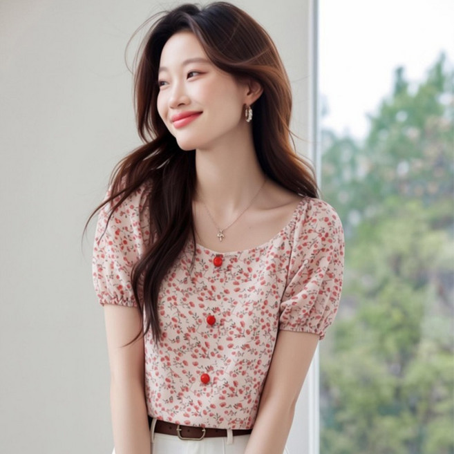 루나걸 여성용 자에리나 플라워 버튼 퍼프 블라우스 L26SMBL031904