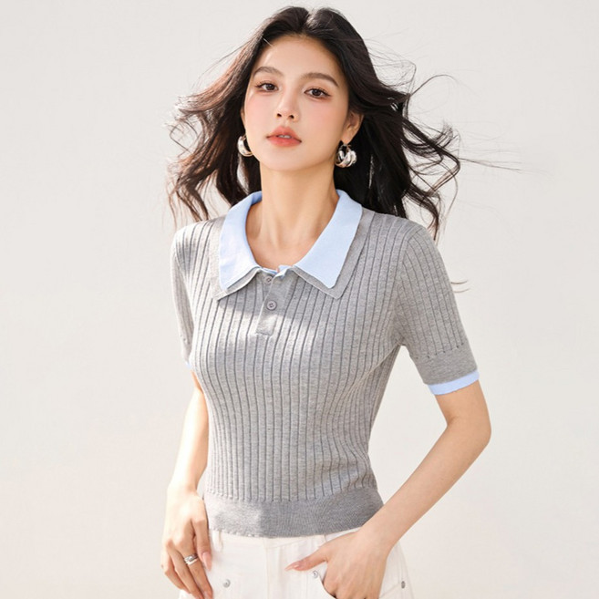 루나걸 여성용 네디커시 배색 카라 골지 반팔 니트 L26SMKN032014