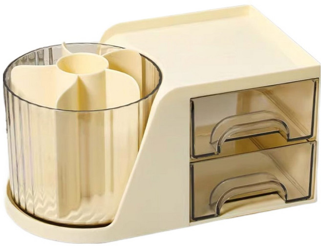 360도 회전 연필꽂이 2단 서랍 데스크 오거나이저, 1개, 버터 옐로우