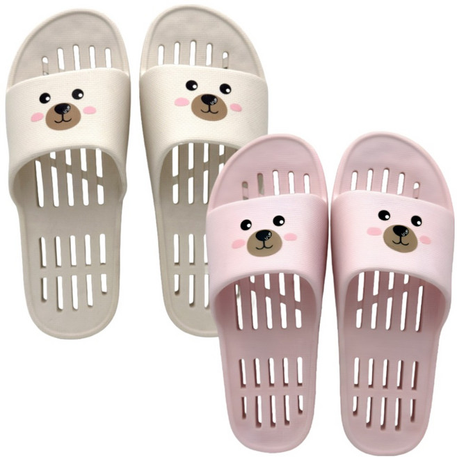 유업 KC인증 국산 발등낮은 미끄럼방지 물빠짐 PVC 욕실화 귀여운 시크베어, 크림, 핑크, 2개