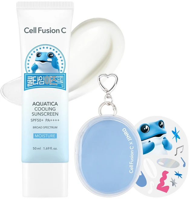셀퓨전씨 아쿠아티카 쿨링 썬스크린 SPF50+ PA++++ + 키링 파우치 + 스티커 세트, 50ml, 1세트 - 쿠팡