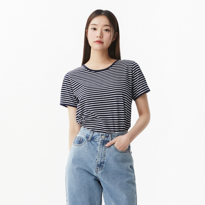 플라스틱아일랜드 여성용 스트라이프 라운드넥 반팔 면 티셔츠 PR7CH301