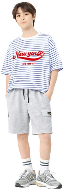 나나주니 아동용 라운드넥 뉴욕단가라 유니크 5부 바지 + 반팔 티셔츠 세트