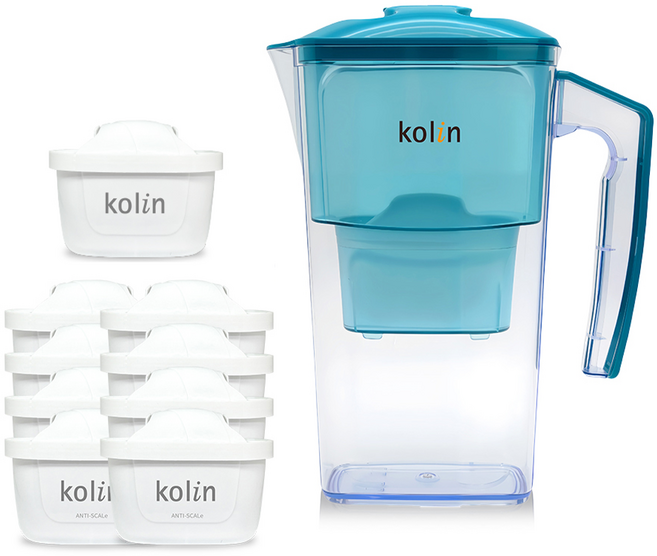 Kolin 歌林 濾水壺 + 四重濾芯 + 五重淨垢濾芯 8個 Brita 適用, 地平線綠, 1套