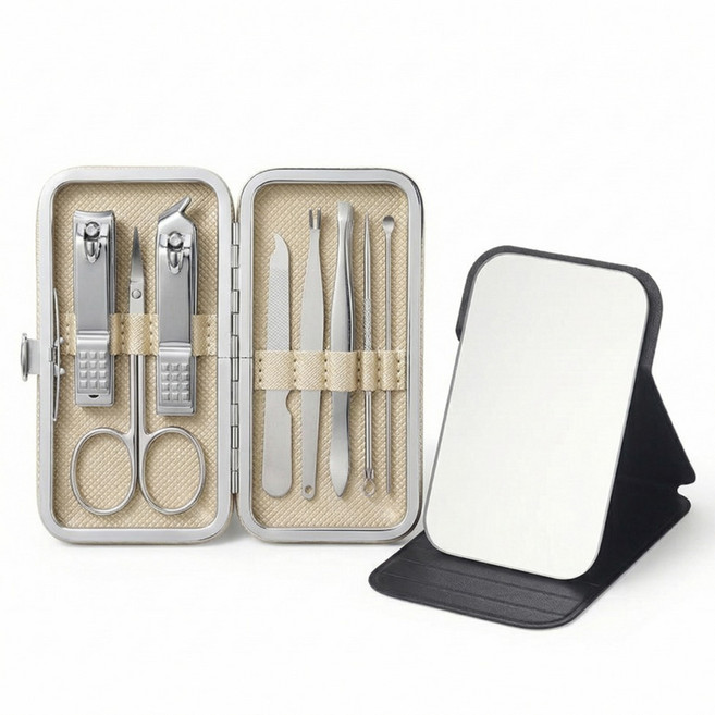 벨리안 휴대용 손톱깎이 8종 + 손거울 세트 6 x 10.7 x 2 cm, 1세트, 베이지