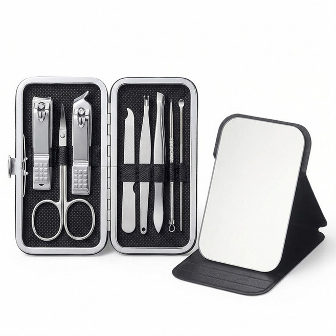 벨리안 휴대용 손톱깎이 8종 + 손거울 세트 6 x 10.7 x 2 cm, 1세트, 블랙