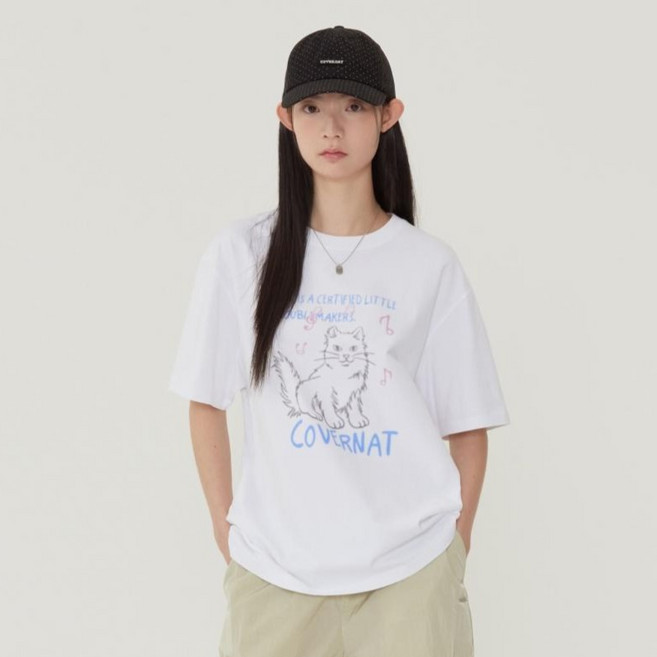 커버낫우먼 오버핏 캣 그래픽 티셔츠