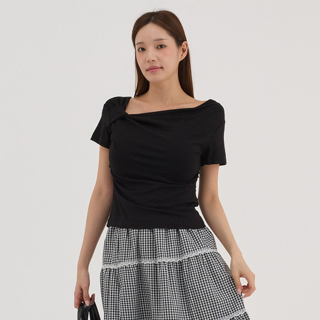 엘쏘 여성용 언발란스 드레이핑 리본 오프숄더 반팔 티셔츠