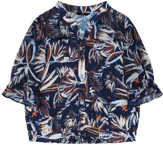 SI FASHION 雪紡拼色荷葉邊袖短版罩衫 SMBAF1464
