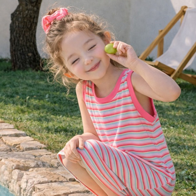 우주아이 아동용 핑크스트라이프 민소매 원피스