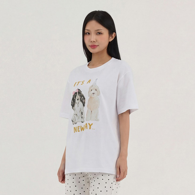 엘쏘 여성용 순면 귀여운 프린트오버핏 빅사이즈 루즈핏 반팔 티셔츠