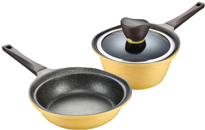 PN풍년 브리에 미니 냄비 프라이팬 세트, 옐로우, 1세트, 냄비 + 프라이팬 + 유리뚜껑 16cm(3p)