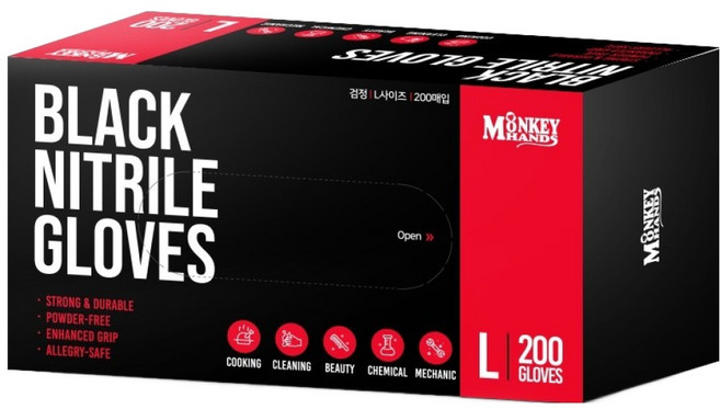 몽키핸즈 니트릴장갑 200p, 1개, L, 블랙