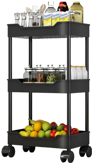 온 라이프 다용도 틈새 정리 이동식 트롤리 선반 40 x 20 x 62 cm, 블랙, 3단