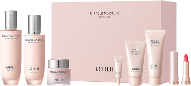 오휘 미라클 모이스처 핑크 베리어 스킨 150ml + 에멀전 130ml + 크림 30ml + NEW 루즈 리얼 미니 + 에센스 4ml + 크림 25ml + 클렌징 폼 40ml, 1세트