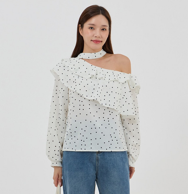 엘쏘 여리핏 하이넥 러플 언밸런스 숄더 롱슬리브 블라우스