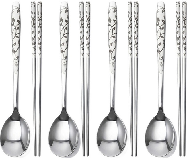 영수산업카멜 스테인리스 스틸 성인 한식용 샌딩 수저 세트, 나뭇잎, 4세트, 숟가락 + 젓가락