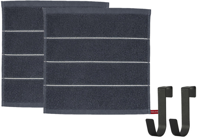 모나코올리브 호텔식 스트라이프 핸드타월 2p + 모노 철제 도어후크 2p 세트, 그레이(타월), 블랙(후크), 1세트