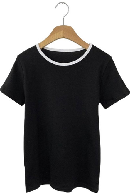 시크블랙 여성용 피즈지 슬림핏 배색 라운드 반팔 티셔츠 cpt17651k63
