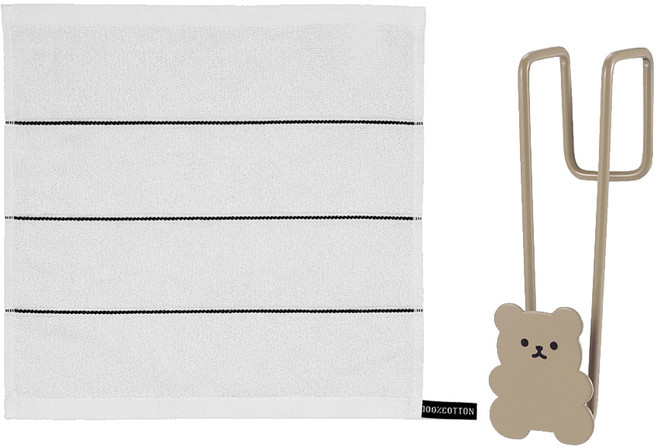 모나코올리브 호텔식 스트라이프 핸드타월 + 베어링 도어 후크 세트, 화이트(타월), 베이지(후크), 1세트