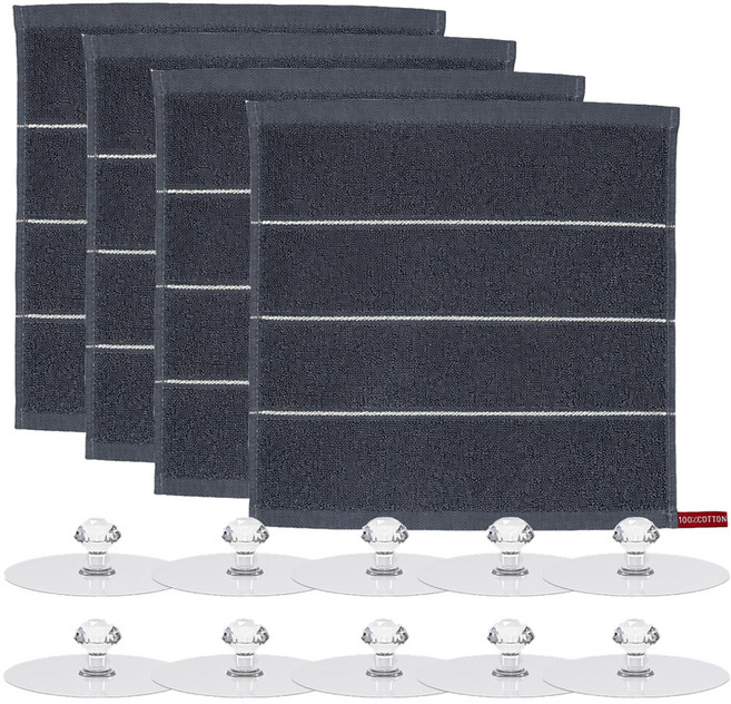 모나코올리브 호텔식 스트라이프 핸드타월 4p + 크리스탈 후크 10p 세트, 그레이(타월), 1세트