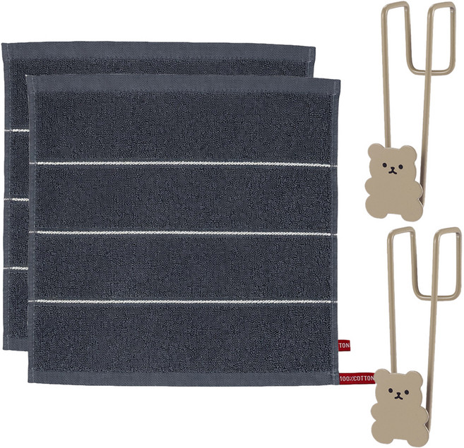 모나코올리브 호텔식 스트라이프 핸드타월 2p + 베어링 도어 후크 2p 세트, 그레이(타월), 베이지(후크), 1세트