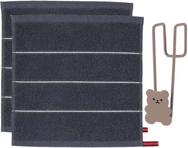 모나코올리브 호텔식 스트라이프 핸드타월 2p + 베어링 도어 후크 세트, 그레이(타월), 핑크(후크), 1세트