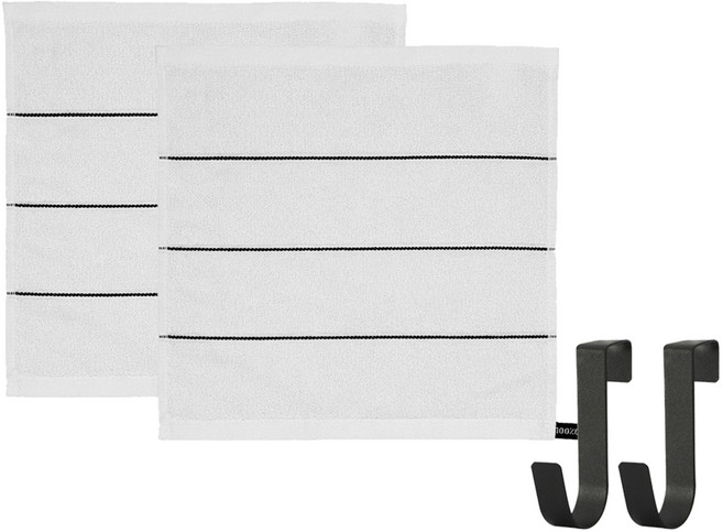 모나코올리브 호텔식 스트라이프 핸드타월 2p + 모노 철제 도어후크 2p 세트, 화이트(타월), 블랙(후크), 1세트