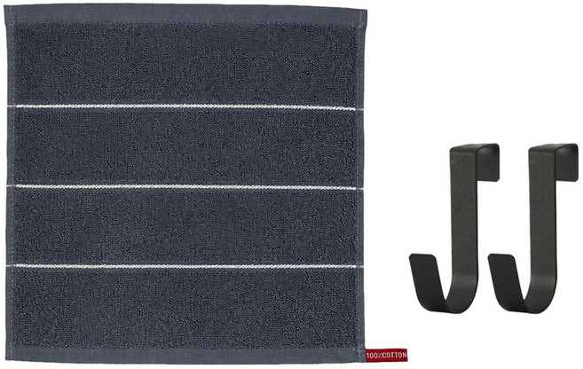 모나코올리브 호텔식 스트라이프 핸드타월 + 모노 철제 도어후크 2p 세트, 그레이(타월), 블랙(후크), 1세트
