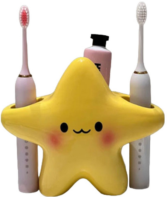 한봄누리 귀여운 별 모양 캐릭터 칫솔 치약 꽂이 세라믹 치약 정리대, 옐로우, 1개