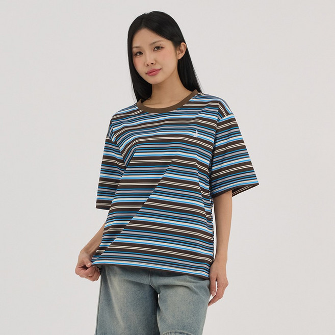 엘쏘 여성용 컬러 단가라 스트라이프 줄지 루즈핏 반팔 티셔츠