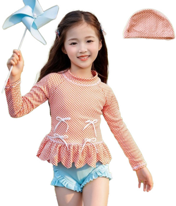 스타빈 체크 프릴 투피스 수영복 + 모자 세트